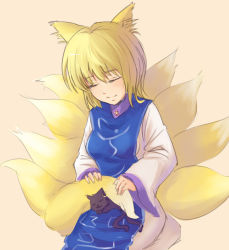 Rule 34 | 1girl, animal, animal ears, animal on lap, bad id, bad pixiv id, blonde hair, breasts, cat, chen, chen (cat), dress, earrings, eyelashes, closed eyes, fox ears, fox tail, holding own tail, jewelry, koissa, long sleeves, medium breasts, multiple tails, no headwear, no headwear, on lap, pink background, seiza, short hair, single earring, sitting, sleeping, smile, tabard, tail, touhou, wide sleeves, yakumo ran