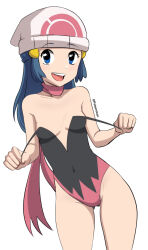 Rule 34 | 1girl, adapted costume, areola slip, artist name, bare shoulders, beanie, black leotard, blue eyes, blue hair, blush, breasts, clenched hands, collarbone, covered navel, cowboy shot, creatures (company), dawn (pokemon), female focus, game freak, gluteal fold, hair ornament, hairclip, hands up, happy, hat, leotard, long hair, looking at viewer, nintendo, open mouth, pabsmikan, pink scarf, poke ball symbol, pokemon, pokemon dppt, pulling own clothes, scarf, sidelocks, simple background, skin tight, small breasts, smile, solo, standing, strap pull, teeth, thighs, twitter username, two-tone leotard, watermark, white background, white hat