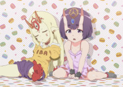 Rule 34 | 2girls, aged down, anime coloring, artist request, bare shoulders, barefoot, blonde hair, child, closed eyes, commentary request, dress, facial mark, fate/grand order, fate (series), feet, highres, horns, ibaraki douji (fate), jewelry, looking at viewer, macaron background, multiple girls, oni, open mouth, pointy ears, polka dot, polka dot background, purple eyes, purple hair, sharp toenails, shirt, shorts, shuten douji (fate), sitting, skin-covered horns, sleeping, socks, soles, t-shirt, toenails, toes