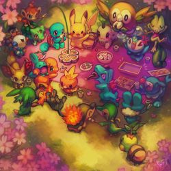Rule 34 | &gt; &lt;, ^ ^, bird, black eyes, blanket, blue eyes, bottle, brown eyes, bubble, bulbasaur, charmander, cherry blossoms, chespin, chikorita, chimchar, closed eyes, colorful, commentary request, creature, creatures (company), cup, cyndaquil, dango, day, eye contact, closed eyes, fennekin, flower, flying, food, froakie, game freak, gen 1 pokemon, gen 2 pokemon, gen 3 pokemon, gen 4 pokemon, gen 5 pokemon, gen 6 pokemon, gen 7 pokemon, grass, hanami, highres, holding, holding cup, koriarredondo, litten, looking at another, lying, mouth hold, mudkip, nintendo, no humans, bento, on back, onigiri, oshawott, outdoors, picnic, picnic basket, pikachu, piplup, pokemon, pokemon (creature), popplio, red eyes, rowlet, sanshoku dango, signature, snivy, squirtle, standing, starter pokemon trio, tepig, torchic, totodile, treecko, turtwig, wagashi