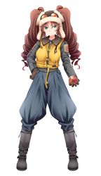 Rule 34 | apple, baggy pants, boots, brown hair, food, formation girls, fruit, gloves, josephine priller, kaneda mitsuko, long hair, official art, pants, solo, twintails, white background