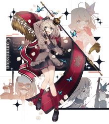 Rule 34 | 1girl, black footwear, black skirt, blonde hair, blood, blood on face, blue butterfly, blue eyes, borchardt c-93, brown jacket, bug, butterfly, butterfly hair ornament, c-93 (fluttering butterfly) (girls&#039; frontline), c-93 (girls&#039; frontline), choker, closed mouth, commentary, commission, dress, flag, full body, girls&#039; frontline, gloves, gun, hair ornament, handgun, hat, highres, holding, holding flag, holding gun, holding weapon, insect, jacket, licking lips, long sleeves, looking at viewer, looking away, mask, medium hair, military, military uniform, mini hat, mouth hold, multicolored clothes, multicolored dress, official alternate costume, open mouth, pistol, rabb horn, red choker, red gloves, shoes, skeb commission, skirt, smile, socks, solo, standing, teeth, teeth hold, thank you, tongue, tongue out, uniform, upper teeth only, weapon