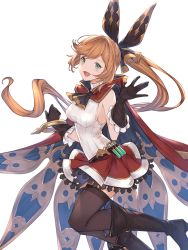 Rule 34 | 1girl, bangle, belt, black footwear, black gloves, black thighhighs, blush, boots, bracelet, breasts, clarisse (granblue fantasy), cloak, commentary, foot out of frame, frilled gloves, frills, gloves, granblue fantasy, green eyes, hair intakes, high heel boots, high heels, highres, hood, hooded cloak, jewelry, long hair, looking at viewer, medium breasts, miniskirt, open mouth, orange hair, ponytail, red cloak, skirt, sleeveless, sleeveless sweater, sleeveless turtleneck, solo, sweater, test tube, thighhighs, turtleneck, waving, wuming