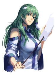 Rule 34 | 1girl, bare shoulders, blue eyes, breasts, detached sleeves, female focus, frog hair ornament, gohei, green hair, hair ornament, hair tubes, highres, kochiya sanae, large breasts, long hair, looking at viewer, oonusa, ruukii drift, simple background, sketch, smile, solo, touhou, upper body, white background