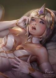 Rule 34 | 1girl, bare shoulders, blonde hair, blue eyes, breasts, calling, cleavage, collarbone, deviantart username, dress, elbow gloves, elementalist lux, eyebrows hidden by hair, firolian, gloves, gold trim, grabbing own breast, hair ornament, half-closed eyes, highres, holding, indoors, league of legends, lips, looking ahead, lux (league of legends), lying, medium breasts, moaning, on back, patreon username, phone sex, short hair, signature, sleeveless, tiara, tumblr username, watermark, white dress, white gloves