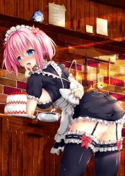 Rule 34 | alternate costume, apron, arched back, arm behind back, arm support, ass, black thighhighs, blue eyes, blush, breasts, cake, clock, commentary request, cowboy shot, dress, enmaided, finger to mouth, food, frilled dress, frilled thighhighs, frills, from side, garter straps, hair intakes, highres, indoors, kitchen, leaning on object, licking, looking at viewer, looking to the side, maid, maid headdress, original, pink hair, short hair, sideboob, solo, standing, thighhighs, two side up, zettai ryouiki