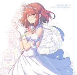 Rule 34 | 1girl, blush, breasts, cat with a brush, center opening, chest jewel, cleavage, dress, earrings, flower, hands up, highres, jewelry, looking at viewer, medium breasts, pyra (xenoblade), red eyes, red hair, ring, short hair, smile, thighs, upper body, wedding dress, white dress, xenoblade chronicles (series), xenoblade chronicles 2