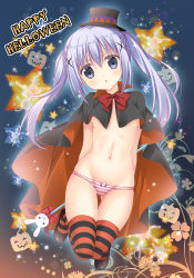 Rule 34 | 1girl, black cape, black footwear, black hat, blue eyes, blue hair, blush, bow, bow panties, bowtie, breasts, cape, chestnut mouth, commentary request, full body, gochuumon wa usagi desu ka?, groin, hair between eyes, hair ornament, halloween, happy halloween, hat, head tilt, jack-o&#039;-lantern, kafuu chino, korie riko, long hair, looking at viewer, mary janes, mini hat, mini top hat, navel, no pants, panties, parted lips, red bow, red bowtie, shoes, sidelocks, small breasts, solo, star (symbol), striped clothes, striped panties, striped thighhighs, tareme, thighhighs, top hat, topless, twintails, underwear, wand, x hair ornament