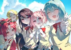 5girls akemi_homura black_hair black_hairband blonde_hair blue_hair blue_sky bow bowtie closed_eyes cloud cloudy_sky commentary hair_between_eyes hairband high_ponytail highres juliet_sleeves kaname_madoka long_hair long_sleeves mahou_shoujo_madoka_magica mahou_shoujo_madoka_magica_(anime) miki_sayaka mitakihara_school_uniform multiple_girls open_mouth pink_eyes ponytail puffy_sleeves purple_eyes red_bow red_bowtie red_eyes red_hair sakura_kyoko school_uniform shirt short_hair short_twintails sky smile sussasuem sweater symbol-only_commentary tomoe_mami turtleneck turtleneck_shirt twintails v very_long_hair waving white_shirt yellow_sweater