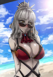 Rule 34 | &gt;:t, 1girl, :t, puff of air, alternate hairstyle, arms behind back, ascot, bare shoulders, bikini, bird, blunt bangs, blush, breasts, brooch, carmilla (fate), carmilla (summertime mistress) (fate), cleavage, cloud, cloudy sky, day, fate/grand order, fate (series), glasses, jewelry, large breasts, looking away, navel, nose blush, pale skin, ponytail, pout, red bikini, sanmoto gorouzaemon, seagull, silver hair, sky, solo, sunglasses, sunlight, swimsuit, upper body, v-shaped eyebrows, wavy hair, yellow eyes