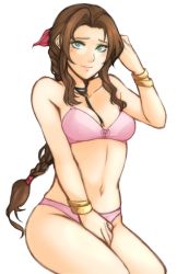 Rule 34 | aerith gainsborough, blush, bow, bow bra, bra, braid, breasts, brown hair, cleavage, final fantasy, final fantasy vii, green eyes, hand in own hair, hand on lap, highres, long braid, long hair, looking at viewer, medium breasts, navel, panties, pink bra, pink panties, pink ribbon, ribbon, single braid, smile, solo, tridisart, underwear, underwear only, white background