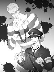 Rule 34 | 2boys, anger vein, cheese neko3, cuffs, donquixote doflamingo, earrings, facial hair, gloves, goatee, grin, handcuffs, hat, height difference, highres, holding, jewelry, looking at another, male focus, monochrome, multiple boys, one piece, police, prison clothes, short hair, smile, sunglasses, trafalgar law, uniform, whip