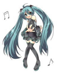 Rule 34 | 1girl, blue hair, dancing, hatsune miku, long hair, musical note, retei, simple background, skirt, solo, thighhighs, twintails, vocaloid, white background, zettai ryouiki
