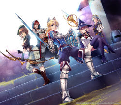 Rule 34 | 2girls, 3boys, against wall, armor, bandaged hand, bandages, barrel, belt, beret, black gloves, blonde hair, blue legwear, blue shirt, boots, bow (weapon), breastplate, breasts, brown hair, city, cleavage, cloak, closed mouth, column, commentary, crossed legs, day, fantasy, fantasy earth zero, gauntlets, gloves, grass, green eyes, grey hair, hair between eyes, hat, hat ribbon, high heels, holding, holding bow (weapon), holding shield, holding sword, holding weapon, hood, hood up, long hair, long sleeves, looking at viewer, masya, medium breasts, armored boots, multiple boys, multiple girls, outdoors, pants, parted lips, pillar, plant, ponytail, puffy sleeves, red eyes, ribbon, serious, shield, shirt, sitting, smile, staff, stairs, standing, sword, thighhighs, wall, watermark, weapon, white pants, witch hat, yellow eyes