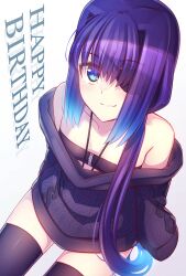 Rule 34 | 1girl, absurdres, bare shoulders, black sweater, black thighhighs, blue eyes, blue hair, blush, breasts, closed mouth, collarbone, commentary request, eyepatch, gradient background, gradient hair, grey background, hair intakes, happy birthday, highres, long hair, long sleeves, multicolored hair, murasame shia, off-shoulder sweater, off shoulder, original, puffy long sleeves, puffy sleeves, purple hair, sitting, small breasts, smile, solo, sweater, thighhighs, very long hair, white background