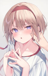 Rule 34 | 1girl, 1other, blush, cheek pinching, collarbone, commentary request, ebihara beniko, frown, grey background, hairband, light brown hair, looking at viewer, original, parted lips, pinching, pov, pov hands, purple eyes, red hairband, red trim, shirt, short hair, simple background, steepled fingers, sweat, upper body, white shirt