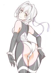 Rule 34 | 1girl, absurdres, ass, bare shoulders, black bodysuit, blush, bodysuit, breasts, closed mouth, emilia hermit, from behind, gloves, green eyes, hair intakes, highres, hundred (light novel), long hair, looking at viewer, medium breasts, simple background, smile, solo, ukkii, white background, white hair
