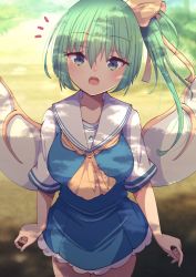 Rule 34 | 1girl, ascot, blue dress, blush, breasts, collarbone, cowboy shot, daiyousei, darumoon, dress, fairy, fairy wings, green eyes, green hair, hair between eyes, highres, large breasts, long hair, open mouth, short sleeves, side ponytail, solo, touhou, wings, yellow ascot
