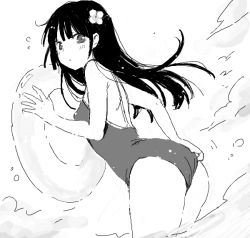 Rule 34 | 10s, 1girl, adjusting clothes, adjusting swimsuit, ass, bad drawr id, bad id, bare shoulders, chiyingzai, competition school swimsuit, drawr, dutch angle, flower, greyscale, hair flower, hair ornament, hime cut, innertube, long hair, looking at viewer, monochrome, oekaki, one-piece swimsuit, original, sanka rea, sankarea, school swimsuit, solo, swim ring, swimsuit, wading