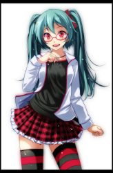 Rule 34 | 1girl, :d, absurdres, aqua hair, arm at side, black border, black shirt, blush, border, contrapposto, cowboy shot, fingernails, frilled skirt, frills, glasses, hatsune miku, highres, jacket, jewelry, long hair, long sleeves, natural (module), necklace, open clothes, open jacket, open mouth, pendant, plaid, plaid skirt, pleated skirt, project diva (series), red-framed eyewear, red eyes, red skirt, shirt, simple background, skirt, smile, solo, standing, striped clothes, striped thighhighs, tareme, thighhighs, tsukishiro saika, twintails, very long hair, vocaloid, white background, white jacket, zettai ryouiki