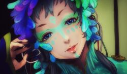 Rule 34 | 1other, androgynous, ar-mk98, blue eyes, dress, facepaint, facial mark, feathers, forehead mark, gnosia, green hair, headphones, long hair, long sleeves, looking at viewer, makeup, multicolored hair, other focus, raqio, solo, streaked hair, tattoo, upper body
