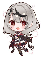 Rule 34 | 1girl, :d, black hair, black jacket, black thighhighs, blush, braid, braided bangs, camisole, center-flap bangs, chibi, commentary, fangs, frilled camisole, frills, full body, grey hair, hair ornament, hairclip, hololive, jacket, long sleeves, looking at viewer, medium hair, miniskirt, multicolored hair, nanaka nagomi, o-ring, o-ring legwear, off-shoulder jacket, off shoulder, open clothes, open jacket, open mouth, plaid, plaid skirt, pleated skirt, red eyes, red skirt, sakamata chloe, sakamata chloe (1st costume), skirt, smile, solo, streaked hair, thick outlines, thighhighs, two-sided fabric, two-sided jacket, virtual youtuber, wavy hair, white background, white camisole, x hair ornament
