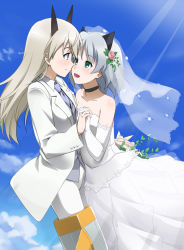 Rule 34 | 2girls, animal ears, bad id, bad pixiv id, bare shoulders, blonde hair, blue eyes, blush, bridal veil, bride, cat ears, couple, dress, eila ilmatar juutilainen, elbow gloves, eye contact, flower, formal, fox ears, gloves, green eyes, groom, holding hands, long hair, looking at another, multiple girls, necktie, pant suit, pants, pantyhose, sanya v. litvyak, short hair, silver hair, smile, strike witches, striker unit, suit, tears, veil, wedding, wedding dress, white pantyhose, world witches series, youkan, yuri