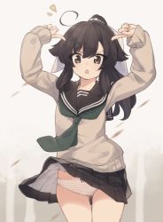 Rule 34 | 1girl, ahoge, arms up, black hair, black sailor collar, black skirt, blush, bow, bow panties, brown background, brown eyes, brown sweater, chestnut mouth, clothes lift, commentary request, green neckerchief, hair between eyes, hair ribbon, high ponytail, highres, long hair, long sleeves, natsuki teru, neckerchief, notice lines, original, panties, parted lips, pleated skirt, ponytail, ribbon, ribbon-trimmed panties, ribbon trim, sailor collar, school uniform, serafuku, shikibe ami, skirt, skirt lift, sleeves past wrists, solo, striped clothes, striped panties, sweater, underwear, v-shaped eyebrows, white ribbon, wind, wind lift