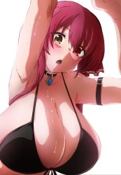 Rule 34 | 1girl, bikini, black bikini, breasts, cleavage, front-tie bikini top, front-tie top, highres, hololive, houshou marine, huge breasts, long hair, looking at viewer, mitarashi o, open mouth, red eyes, red hair, shiny skin, simple background, solo, sweat, swimsuit, virtual youtuber, white background