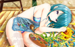 Rule 34 | 1girl, apron, aqua hair, art brush, bare arms, bare shoulders, bikini, blue apron, blue bikini, breasts, chair, chiyoura ayame, closed mouth, commentary request, eyebrows, floral print, flower, girlfriend (kari), glint, highres, holding, indoors, looking at viewer, lying, masa (mirage77), medium breasts, on floor, on side, paint splatter, paintbrush, palette (object), print bikini, purple eyes, shadow, shiny skin, short hair, sideboob, smile, solo, summer, sunflower, sunlight, swimsuit, tatami, wallpaper, water, water drop, wet, wooden floor, yellow flower