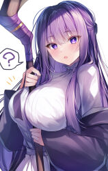Rule 34 | 1girl, ?, absurdres, blush, breasts, dress, fern (sousou no frieren), highres, holding, holding staff, large breasts, long hair, long sleeves, looking at viewer, nenobi (nenorium), open mouth, purple eyes, purple hair, solo, sousou no frieren, staff, white dress