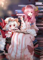 Rule 34 | 2girls, :/, ;o, bat wings, book, book stack, capelet, head rest, crescent moon, female focus, hat, index finger raised, kodamari, long hair, moon, multiple girls, one eye closed, patchouli knowledge, pink eyes, pink hair, red eyes, remilia scarlet, robe, short hair, silver hair, striped, embodiment of scarlet devil, too many, too many books, touhou, vertical stripes, wide-eyed, wings, wrist cuffs