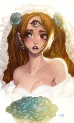 Rule 34 | 1girl, artist name, bare shoulders, blush, bouquet, breasts, bridal veil, brown hair, charlotte pudding, cleavage, crying, curly hair, earrings, elsevilla, flower, hair flower, hair ornament, highres, jewelry, long hair, one piece, open mouth, portrait, simple background, solo, teeth, third eye, twintails, upper body, veil, white background