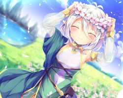 Rule 34 | 1girl, ^ ^, antenna hair, bare shoulders, blue sky, blurry, blurry background, blush, breasts, closed eyes, closed mouth, cloud, day, detached sleeves, dress, dutch angle, facing viewer, flower, hair between eyes, hair flower, hair ornament, hands on headwear, head wreath, hinata yuu (atelierhinata), kokkoro (princess connect!), long sleeves, outdoors, pointy ears, princess connect!, short hair, silver hair, sky, small breasts, smile, solo, split mouth, white flower