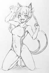 Rule 34 | 1girl, :d, alternate costume, animal ear fluff, animal ears, armpit peek, barefoot, bow, braid, breasts, cat ears, cat tail, competition swimsuit, covered navel, d-m (dii emu), fangs, full body, greyscale, hair bow, hair ribbon, hands up, kaenbyou rin, kneeling, long hair, looking at viewer, medium breasts, monochrome, multiple tails, nekomata, one-piece swimsuit, open mouth, paw pose, ribbon, simple background, sketch, smile, solo, swimsuit, tail, teeth, toes, touhou, tress ribbon, twin braids, twintails, two tails, upper teeth only, white background