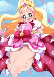 Rule 34 | 1girl, :d, absurdres, blonde hair, blush, bow, cloud, cure flora, day, go! princess precure, gradient hair, green eyes, haruno haruka, highres, long hair, looking at viewer, multicolored hair, niko (tama), open mouth, petals, pink hair, precure, simple background, sky, smile, solo, thighs, two-tone hair, waist bow