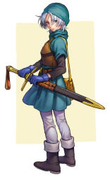 Rule 34 | 1boy, bad id, bad pixiv id, bag, black footwear, blue gloves, blue hat, boots, dragon quest, dragon quest vi, fighting stance, full body, gloves, hat, holding, holding sword, holding weapon, male focus, nona (831korokke), purple eyes, ready to draw, sheath, sheathed, solo, sword, terry (dq6), weapon, white hair