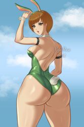 Rule 34 | 1girl, ass, big booty, brown eyes, brown hair, gluteal fold, highres, huge ass, looking at viewer, looking back, persona, persona 4, rabbit ears, rabbit tail, satonaka chie, simple background, sky, slimthick, thick thighs, thighs, xelaroseart