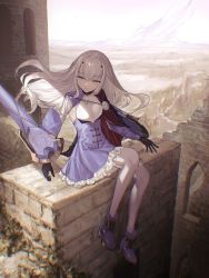 Rule 34 | 1girl, black gloves, blue dress, breasts, brown eyes, cape, dress, melusine (fate), fate/grand order, fate (series), gloves, high heels, highres, long hair, on wall, ruins, sitting, small breasts, tamitami, thighhighs, white hair, white thighhighs