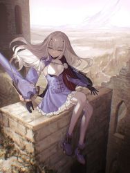 1girl black_gloves blue_dress breasts brown_eyes cape dress melusine_(fate) fate/grand_order fate_(series) gloves high_heels highres long_hair on_wall ruins sitting small_breasts tamitami thighhighs white_hair white_thighhighs