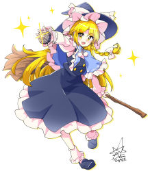 Rule 34 | 1girl, :d, black footwear, black hat, black shirt, black skirt, blonde hair, blue capelet, bow, braid, broom, capelet, commentary request, full body, hair bow, hat, hat bow, highres, holding, holding broom, kirisame marisa, long hair, long sleeves, looking at viewer, mini-hakkero, open mouth, partial commentary, shirt, side braid, signature, simple background, single braid, skirt, smile, solo, star (symbol), touhou, umigarasu (kitsune1963), white background, white bow, white legwear, witch hat, yellow eyes