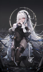 Rule 34 | 1girl, ;d, absurdres, arknights, black background, black dress, blush, breasts, dress, grey hair, hands up, headgear, highres, interlocked fingers, kneeling, large breasts, long hair, no headwear, no headwear, official alternate costume, one eye closed, open mouth, oreshki, pantyhose, red eyes, sidelocks, simple background, smile, solo, specter (arknights), specter the unchained (arknights), thighhighs, thighhighs over pantyhose, torn clothes, torn legwear, very long hair