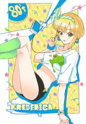 Rule 34 | 10s, 1girl, ashita (2010), asymmetrical hair, black shorts, blonde hair, border, bow, character name, collarbone, commentary request, earrings, green hair, green legwear, hairband, headphones, highres, idolmaster, idolmaster cinderella girls, jewelry, legs up, looking at viewer, looking to the side, midriff, miyamoto frederica, pina korata, shirt, short hair, short shorts, shorts, smile, solo, star (symbol), striped clothes, striped hairband, thighs, walkman, white border, white shirt, yellow background