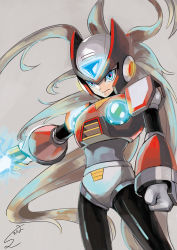 Rule 34 | 1boy, android, armor, blue eyes, capcom, clenched hand, cowboy shot, dated, energy blade, energy sword, gloves, grey background, helmet, highres, holding, lightsaber, long hair, male focus, mega man (series), mega man x (series), outstretched arms, power armor, signature, simple background, smile, solo, sumomo, sword, weapon, white gloves, zero (mega man)
