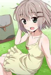 Rule 34 | 10s, 1girl, :d, absurdres, backpack, bad id, bad pixiv id, bag, bare arms, bare shoulders, blush, bow, collarbone, downblouse, dress, grass, green eyes, grey hair, hair ornament, hairclip, hand on own ear, highres, looking at viewer, mousou (mousou temporary), open mouth, outdoors, short hair, sitting, sleeveless, sleeveless dress, smile, solo, wind, yama no susume, yukimura aoi
