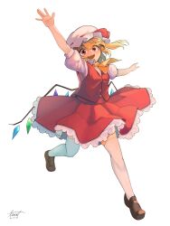 Rule 34 | 1girl, absurdres, arm up, ascot, blonde hair, blueflycat, breasts, brown footwear, buttons, clip studio paint (medium), flandre scarlet, frilled skirt, frills, full body, happy, head tilt, highres, looking at viewer, medium hair, multicolored wings, open mouth, puffy short sleeves, puffy sleeves, red eyes, red ribbon, red skirt, red vest, ribbon, ribbon-trimmed headwear, ribbon trim, shirt, shoes, short sleeves, skirt, small breasts, solo, teeth, thighhighs, touhou, upper teeth only, vest, white background, white headwear, white shirt, white thighhighs, wings, yellow ascot