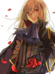 Rule 34 | 1boy, ascot, bad id, bad pixiv id, blonde hair, brown eyes, flower, gloves, heterochromia, jacket, male focus, petals, red eyes, red flower, red rose, richard (tales), rose, rose petals, simple background, solo, tales of (series), tales of graces, three plates, white background