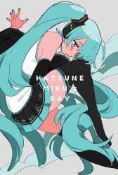 1girl, aqua eyes, aqua hair, aqua nails, arm support, bare shoulders, black footwear, black skirt, boots, character name, clenched hand, closed mouth, detached sleeves, expressionless, eyelashes, facing viewer, fingernails, floating hair, foot out of frame, grey background, half-closed eyes, hand to own mouth, hatsune miku, headset, jitome, knee up, leaning forward, legs apart, light blush, long hair, looking down, multicolored, multicolored eyes, nail polish, orange eyes, pleated skirt, poro (apom6n), shirt, simple background, skindentation, skirt, sleeveless, sleeveless shirt, solo, text focus, thigh boots, thighhighs, thighs, twintails, very long hair, vocaloid, white shirt, zettai ryouiki