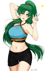 Rule 34 | 1girl, :d, absurdres, adapted costume, arm behind head, arm up, artist name, bare arms, bare shoulders, blush, breasts, collarbone, cowboy shot, crop top, fire emblem, fire emblem: the blazing blade, fire emblem heroes, fire emblem warriors, gloves, green eyes, green hair, halterneck, halterneck, high ponytail, highres, jewelry, large breasts, long hair, looking at viewer, lyn (fire emblem), midriff, navel, nintendo, open mouth, ormille, ponytail, shorts, simple background, smile, solo, sports bra, standing, star (symbol), thigh gap, underwear, very long hair, white background
