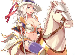 Rule 34 | 1girl, blue eyes, breasts, collarbone, dota (series), dota 2, gender request, genderswap, horse, keeper of the light, long hair, looking at viewer, open clothes, open mouth, sieyarelow, tagme, white background, white hair